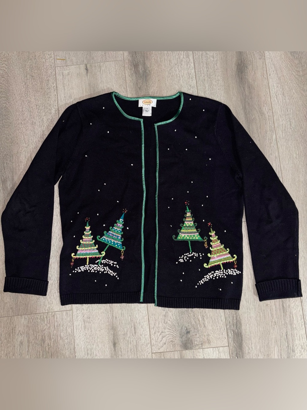 Vintage Black Whimsical Christmas Tree Cardigan Sweater Embroidered GrandmaCore